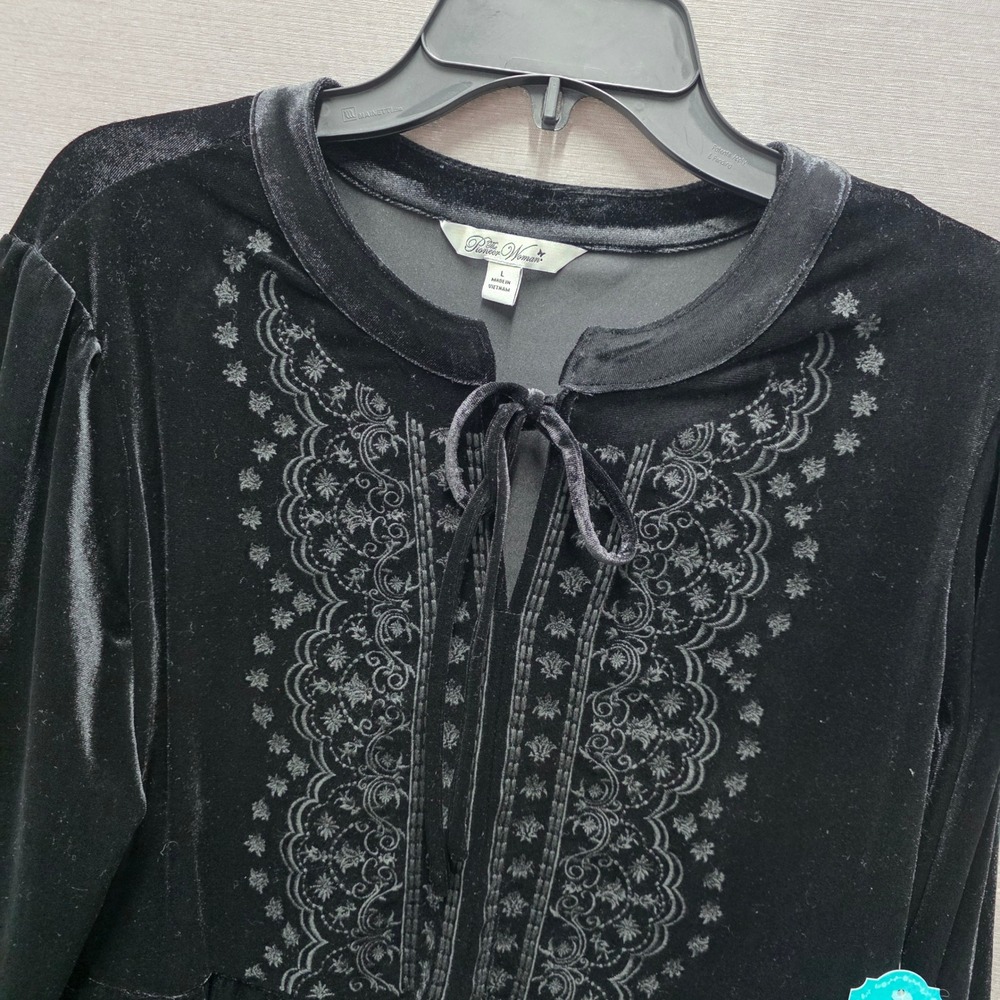 The Pioneer Woman Black Velvet Embroidered Empire Tunic Top Large Whimsigoth